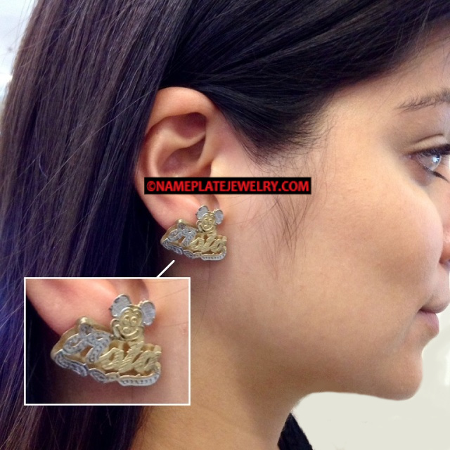 14k Gold Overlay 3D mouse cartoon character double plate name earrings /studs/PERSONALIZED